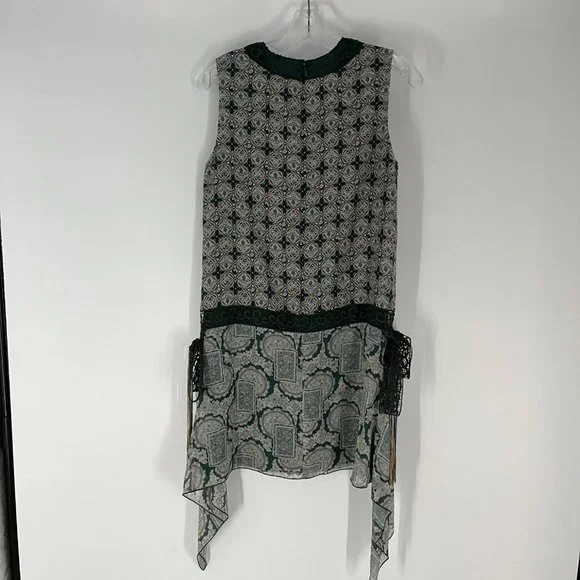 Anna Sui Green White Printed Lace Detail V-Neck Sleeveless Mini Dress 4 Silk - Picture 10 of 10